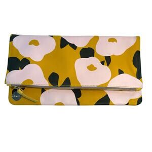 Clare V (Vivier) Foldover Leather Clutch Mustard Yellow Floral 11.5" Square